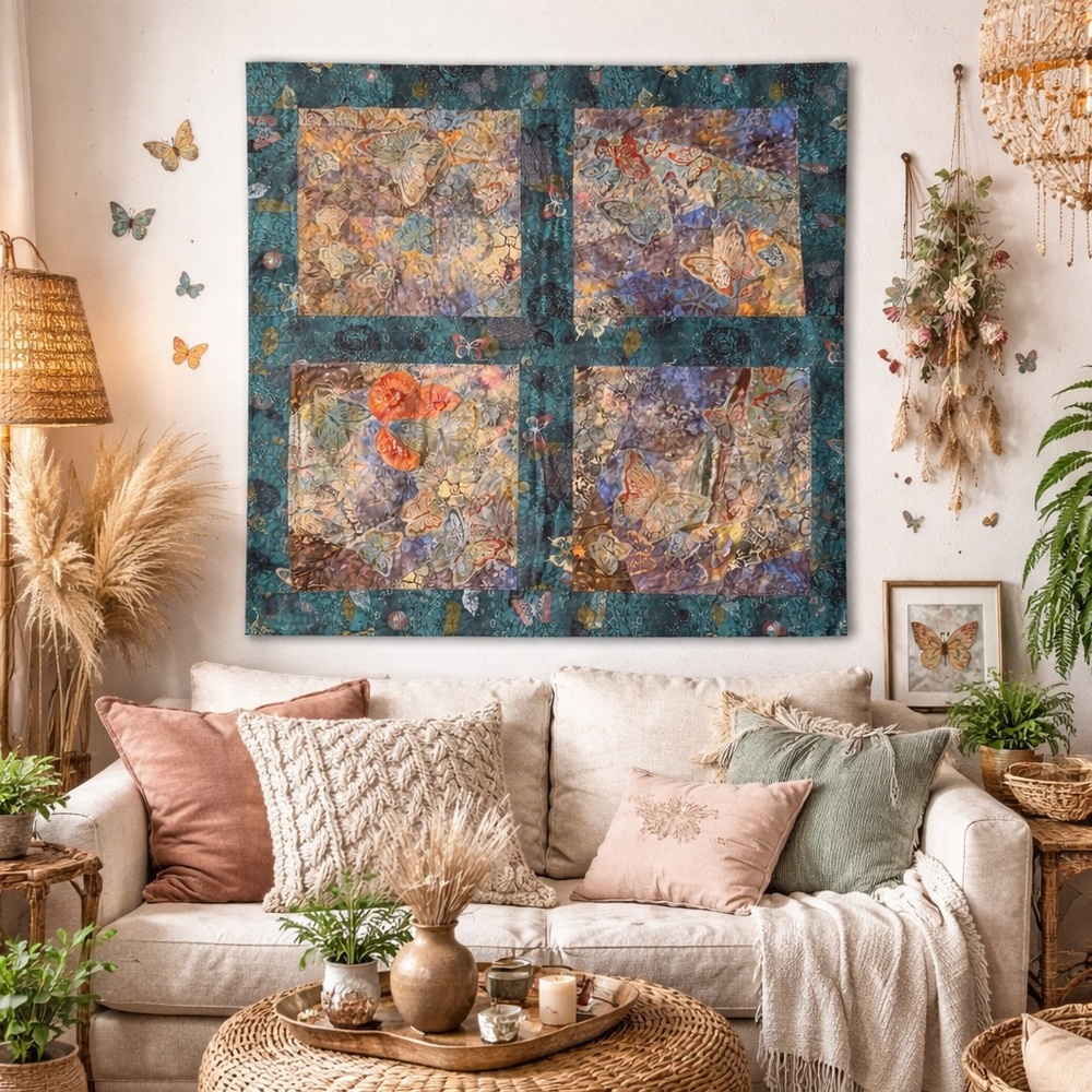 Handmade Batik Butterfly Art Quilt 38x38 Wall Hanging Fiber Art  Boho Textile